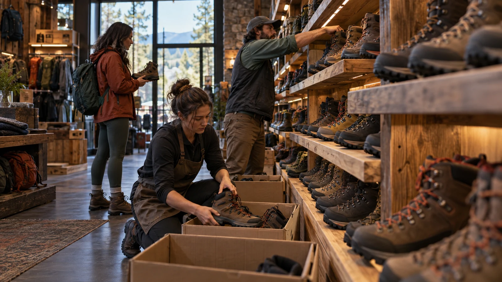 Two outdoor-store employees restock hiking boots while a customer compares sizes beside the display