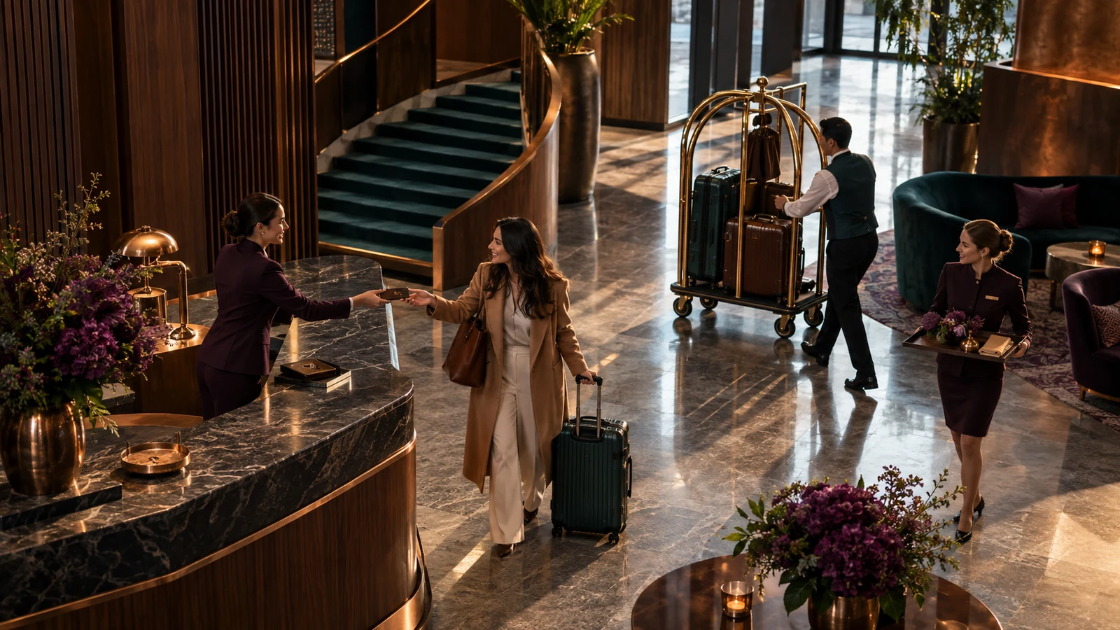Hotel staff coordinate a guest arrival, luggage handling, and room handoff across a warm boutique lobby