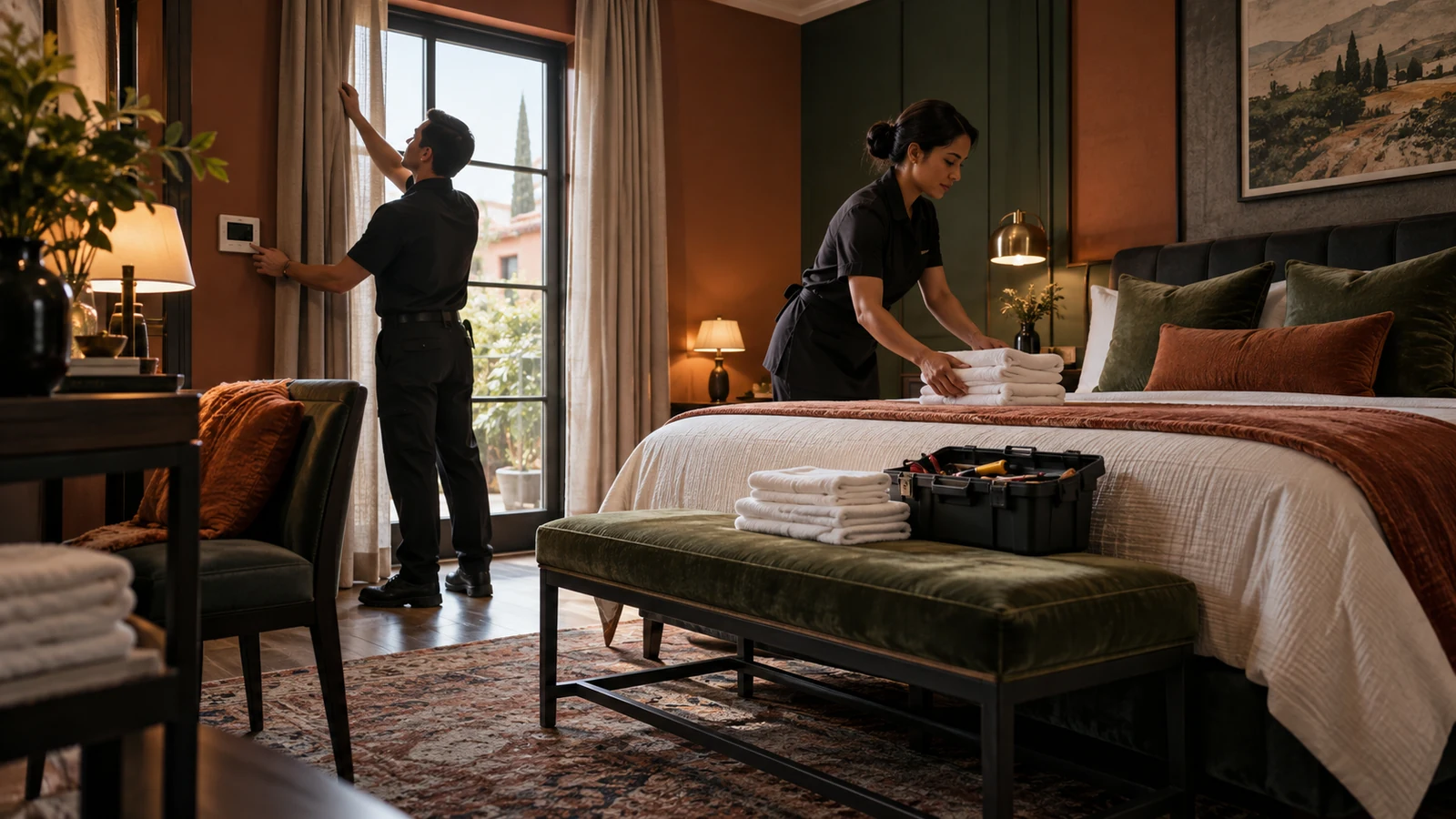 Two hotel employees prepare linens and check room controls during an active room turnaround