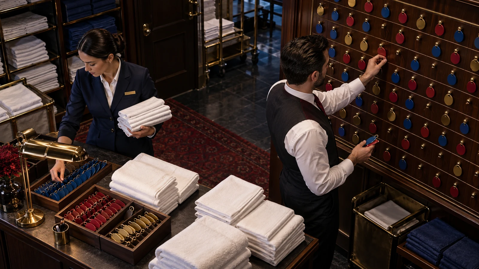 Hotel operations staff reconcile room keys and linen stock at a physical control board