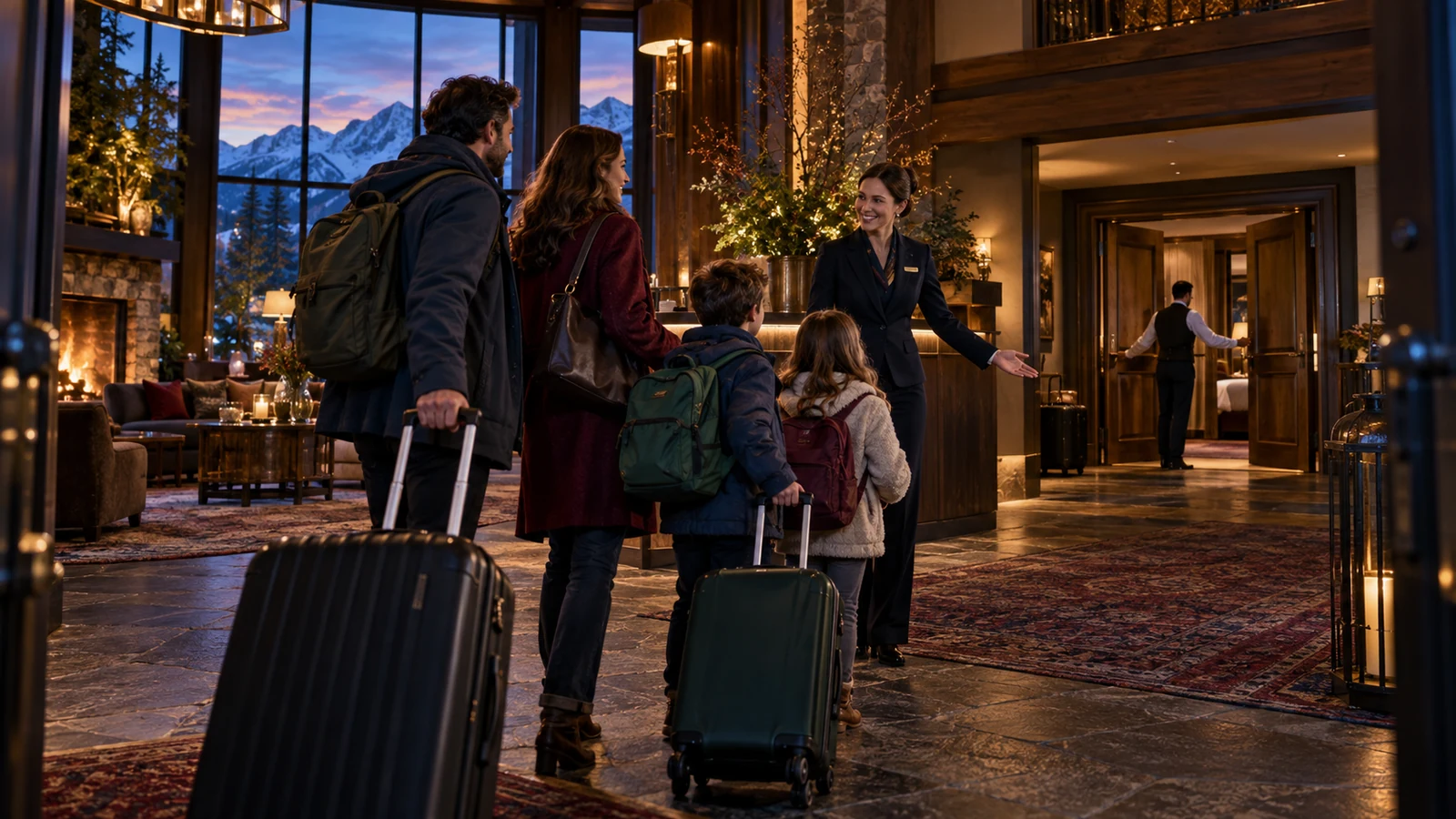 A hotel host welcomes a family with luggage while another employee opens the guest corridor