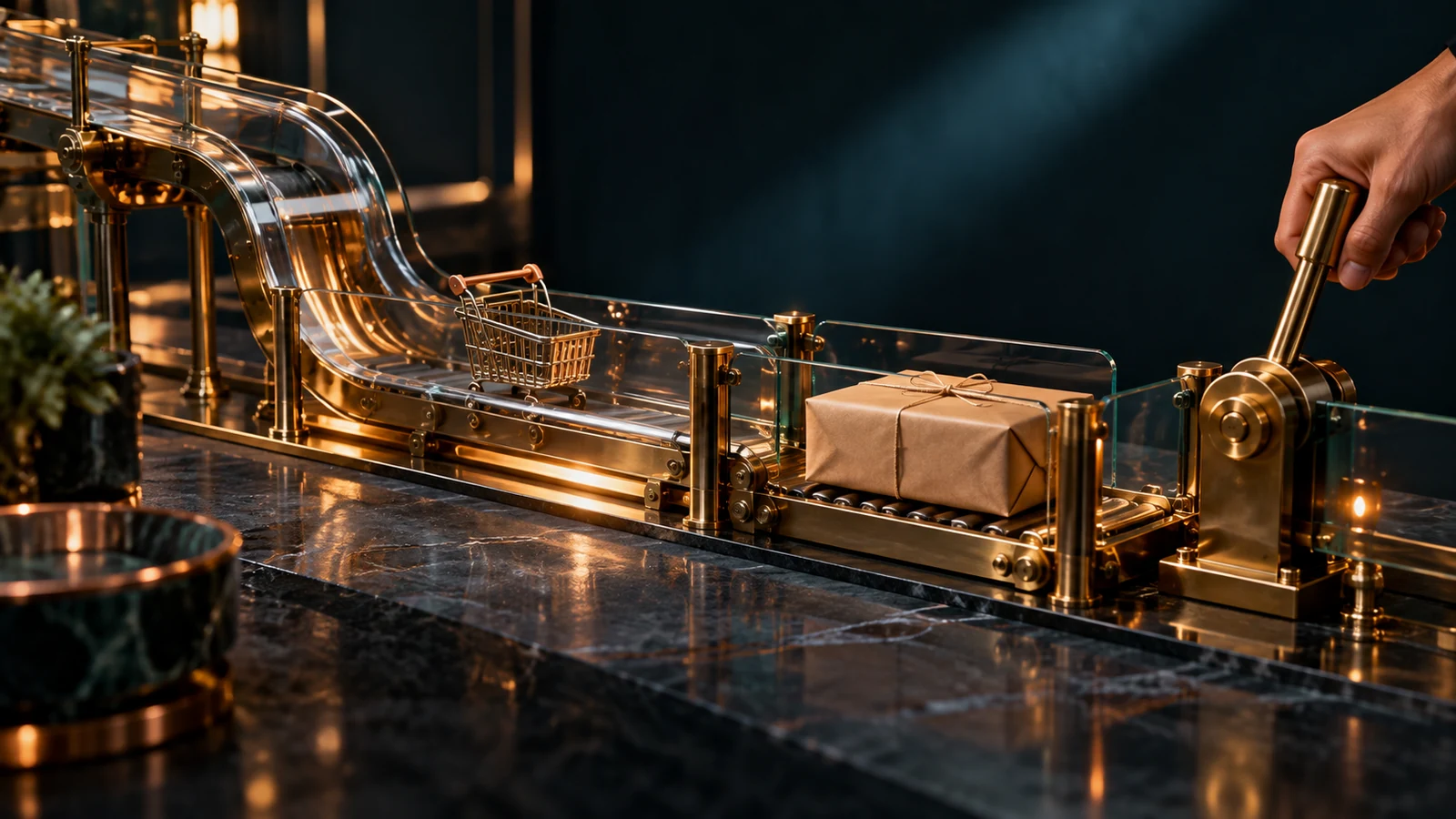 A hand pulls a brass confirmation lever as a miniature basket and wrapped parcel move through a glass checkout mechanism
