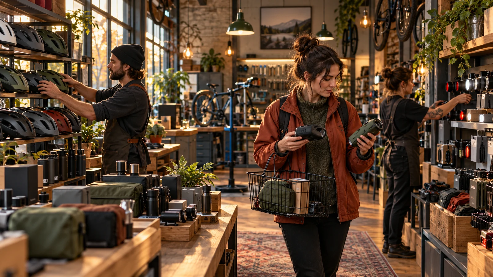 A customer compares bicycle lights while two shop employees organize helmets and accessories in a warm independent store