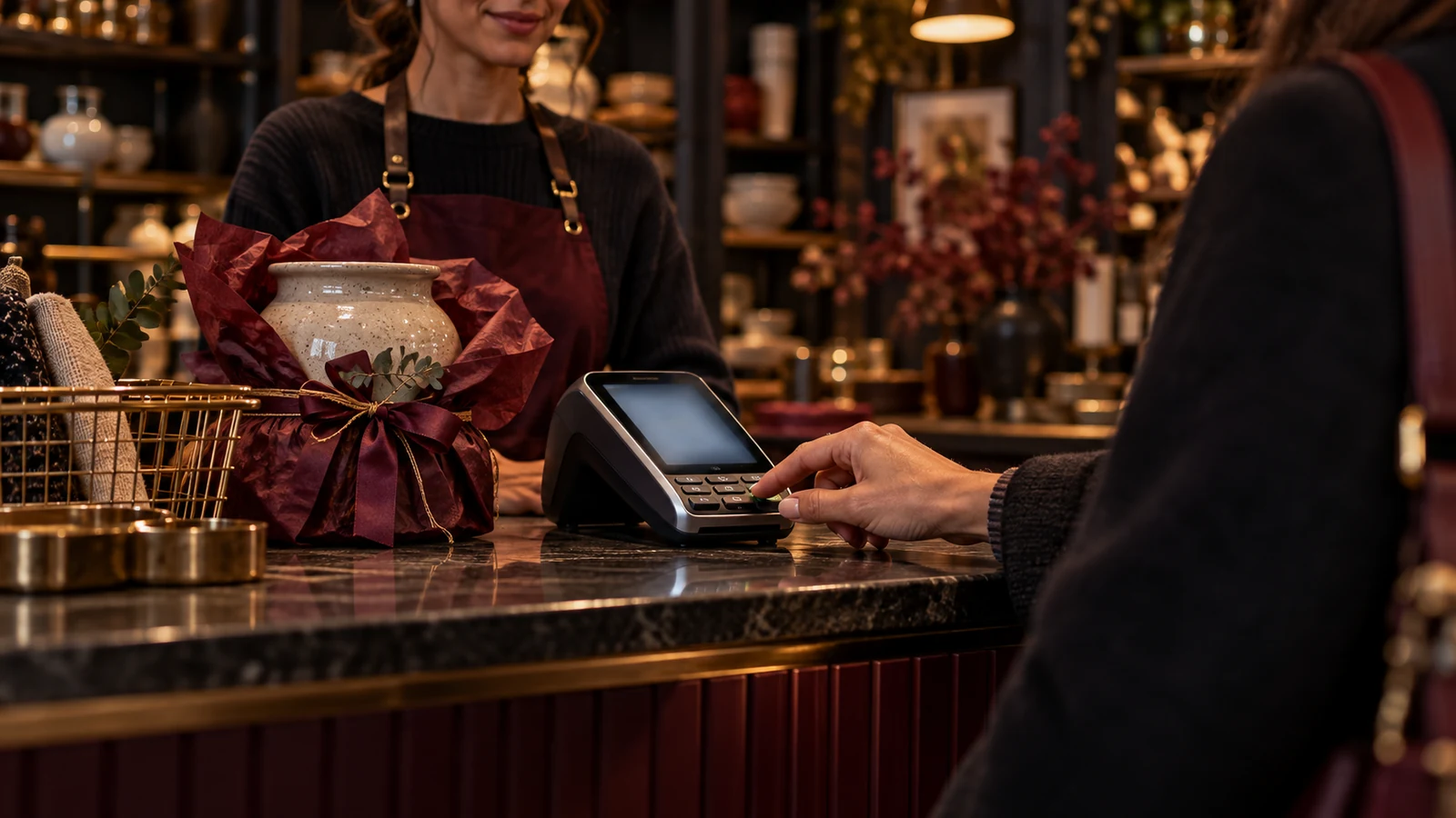 A shopper confirms a purchase on an unbranded payment terminal while an associate waits beside a wrapped ceramic item