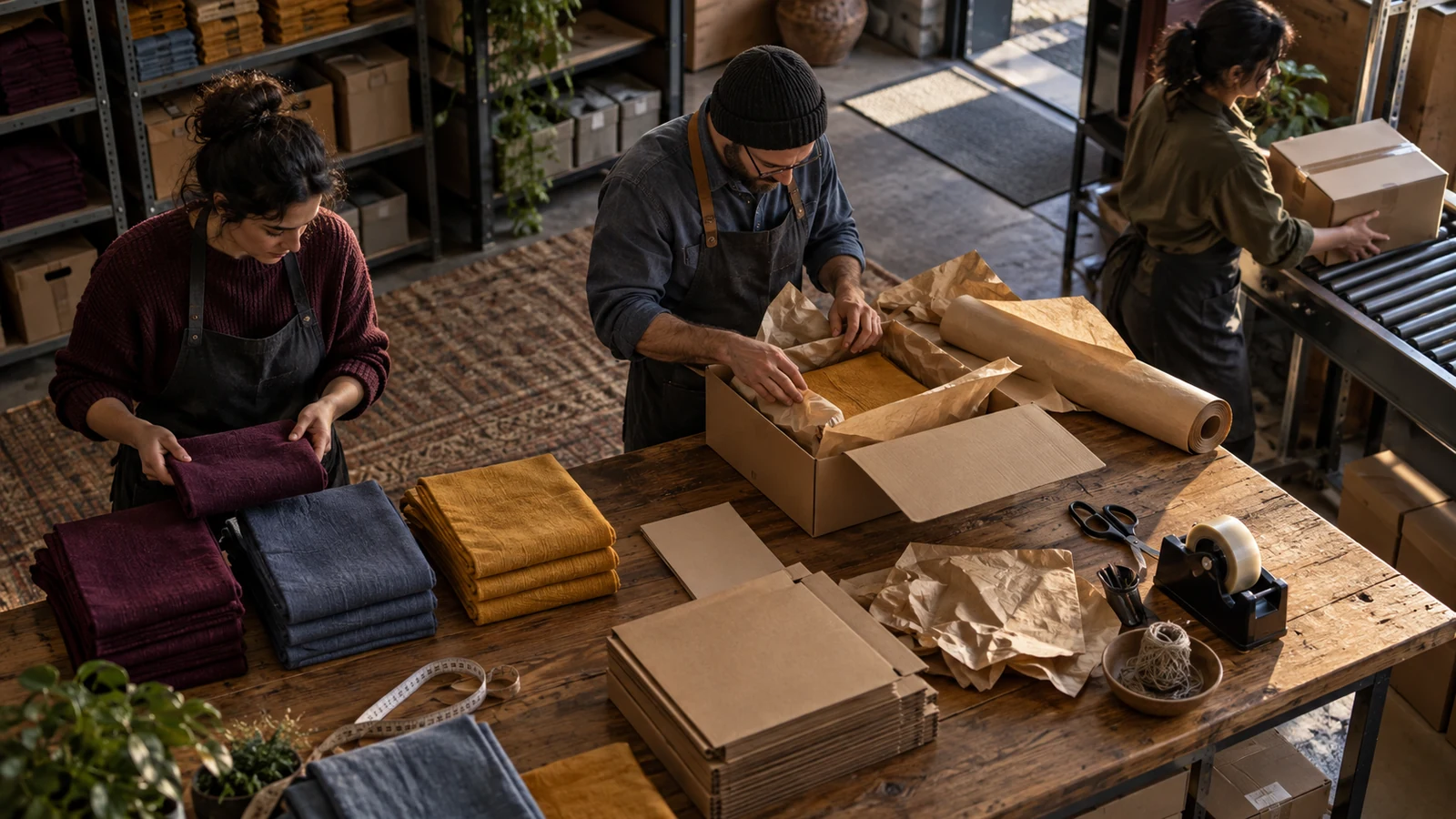 Three fulfillment workers verify textile variants, pack an order, and move a sealed parcel toward dispatch