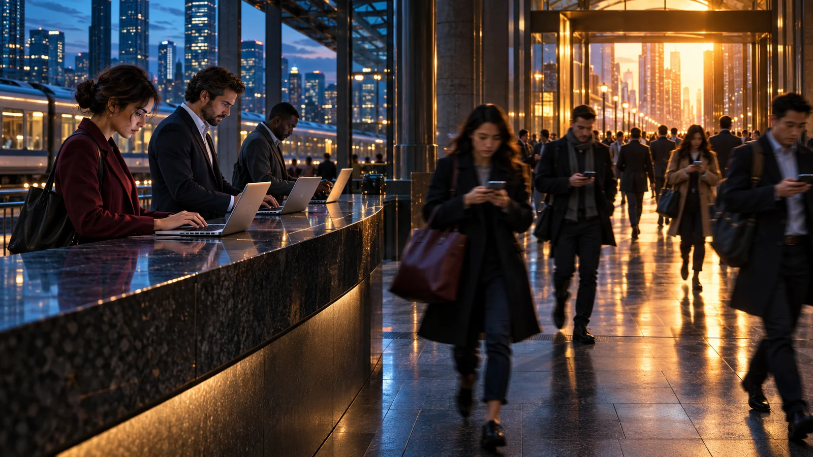 Laptop users work at a station counter while phone users move through a blue-hour commuter concourse