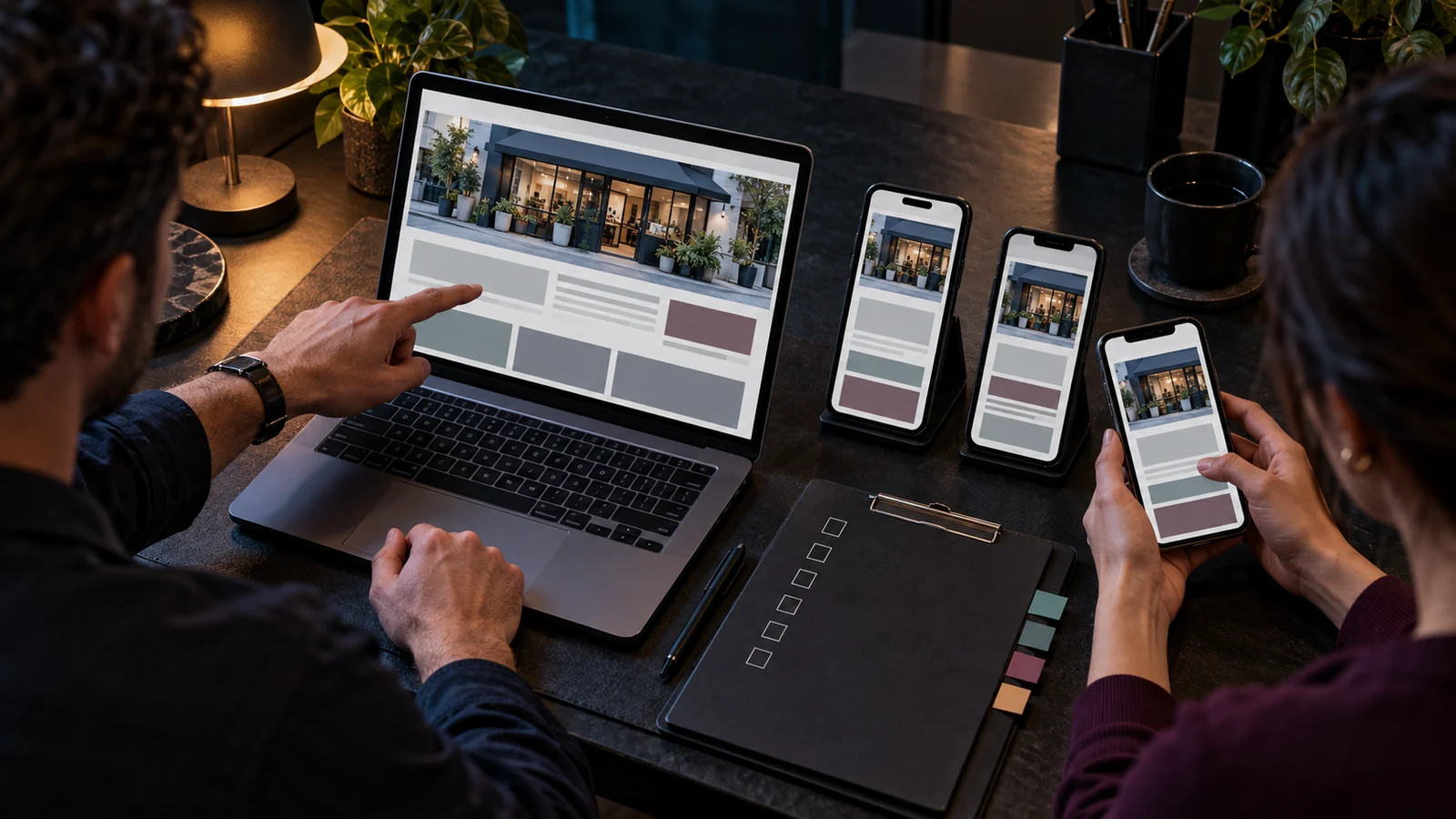 Two analysts compare an unbranded local-service page across a plain laptop and three smartphones in a dark testing studio