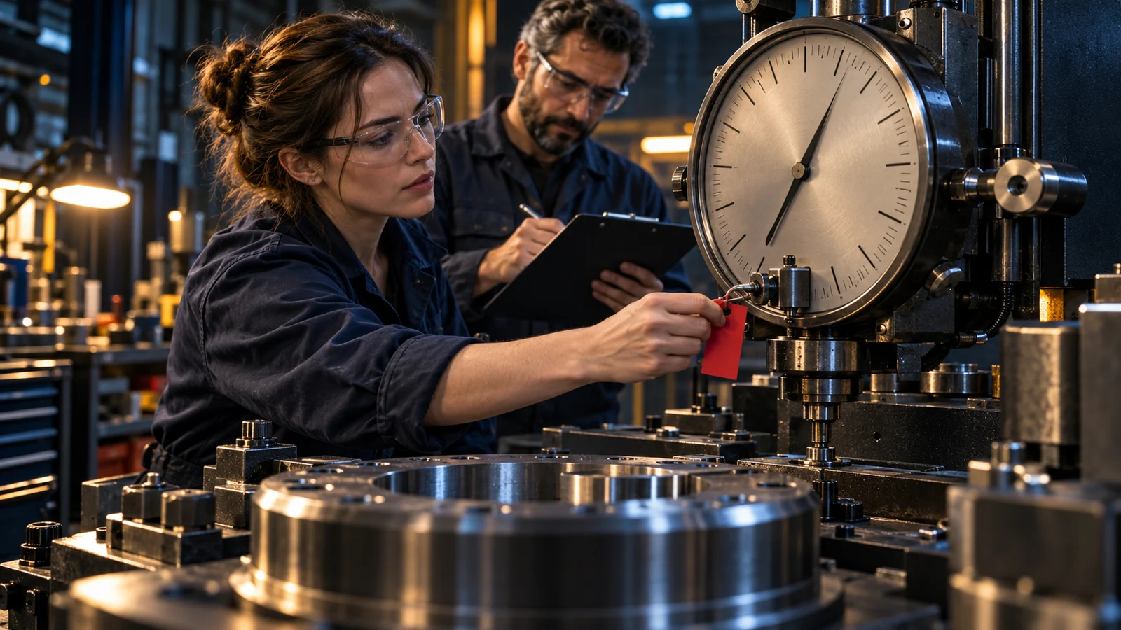 Two calibration technicians inspect a large mechanical gauge while one removes a red inspection tag