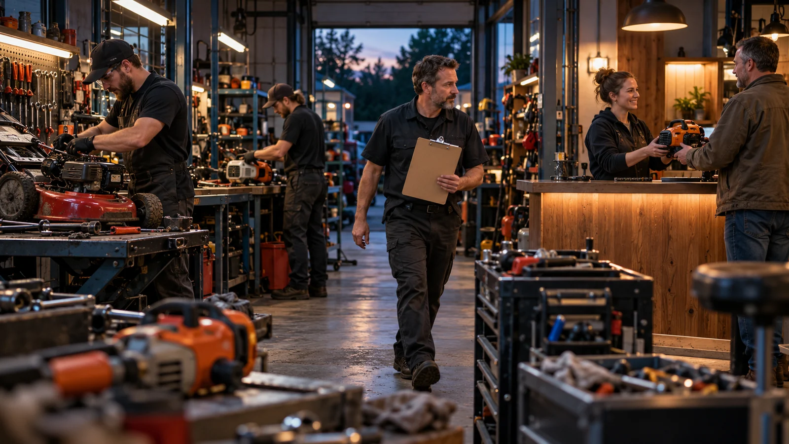 An owner crosses an active small-engine repair workshop as technicians work and a customer receives a finished repair