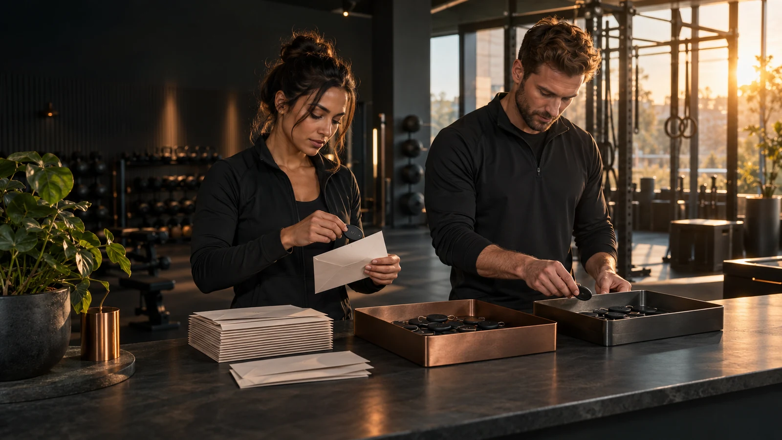 Two fitness studio staff sort membership key fobs away from blank introductory-offer envelopes before opening