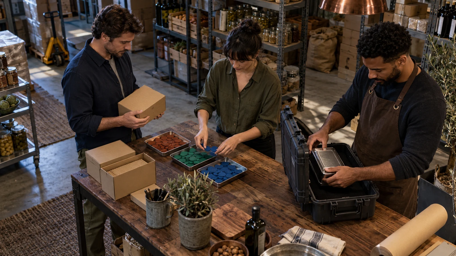 Three small-business team members sort color-coded audience tokens and secure a sealed data case in a specialty food warehouse
