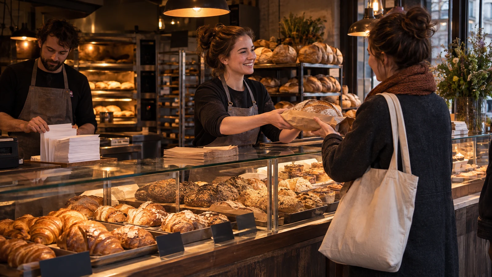 A bakery employee serves a returning customer while another worker separates blank new-customer offer envelopes