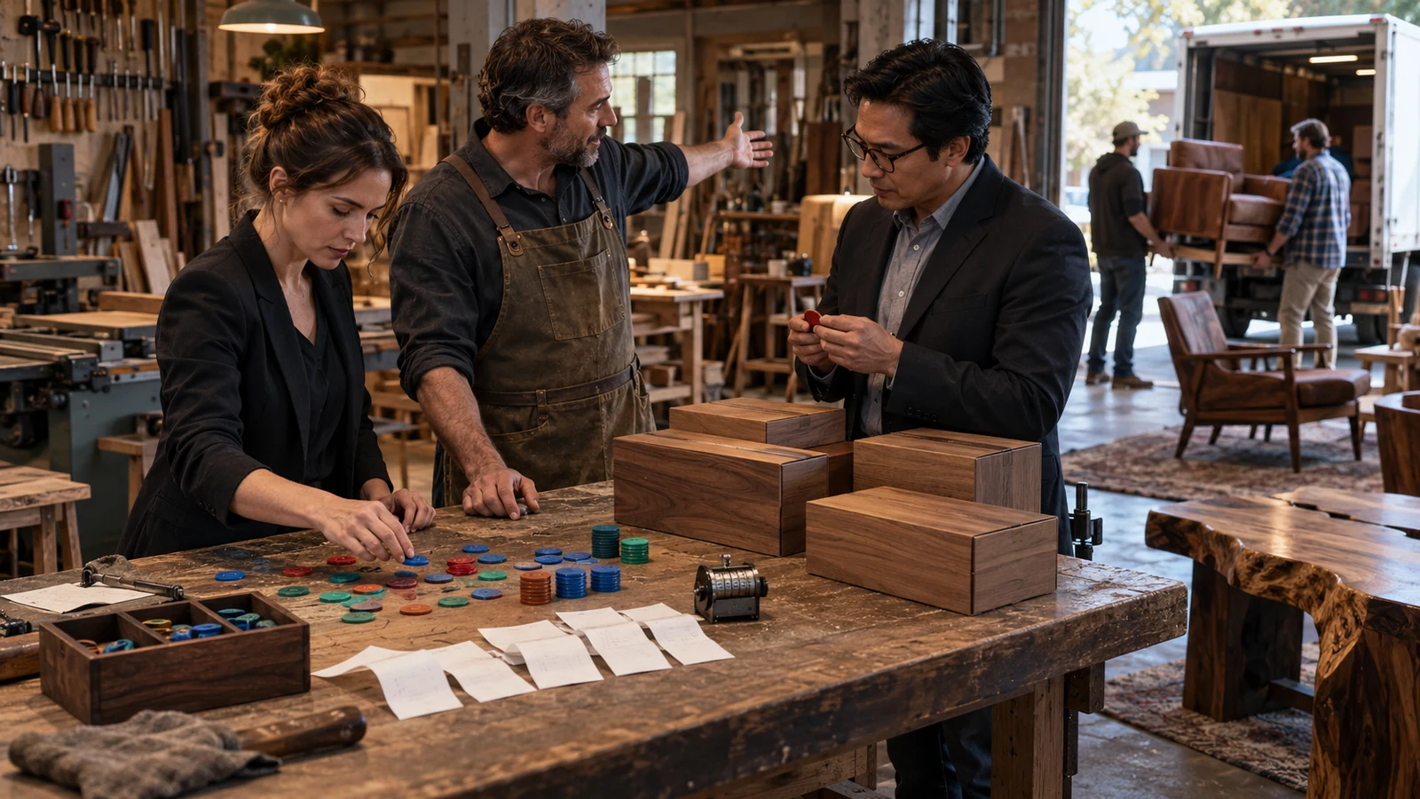 Analysts and a business owner review audience tokens and campaign evidence as a customer collects finished furniture