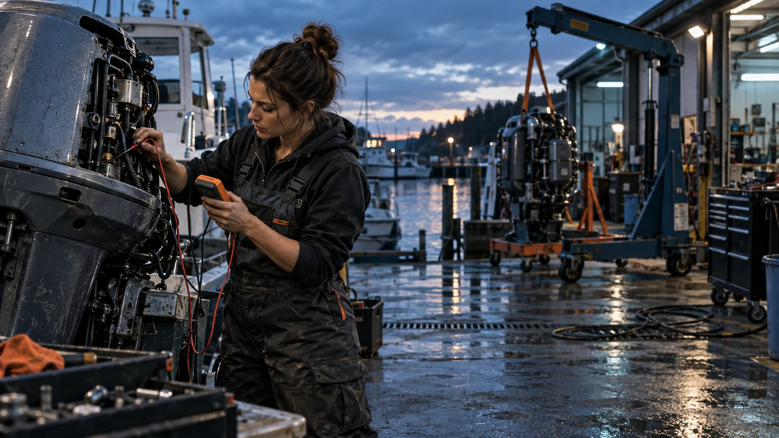 Marine technician uses a compact meter on an outboard motor while a heavy engine hoist stands unused at the dock