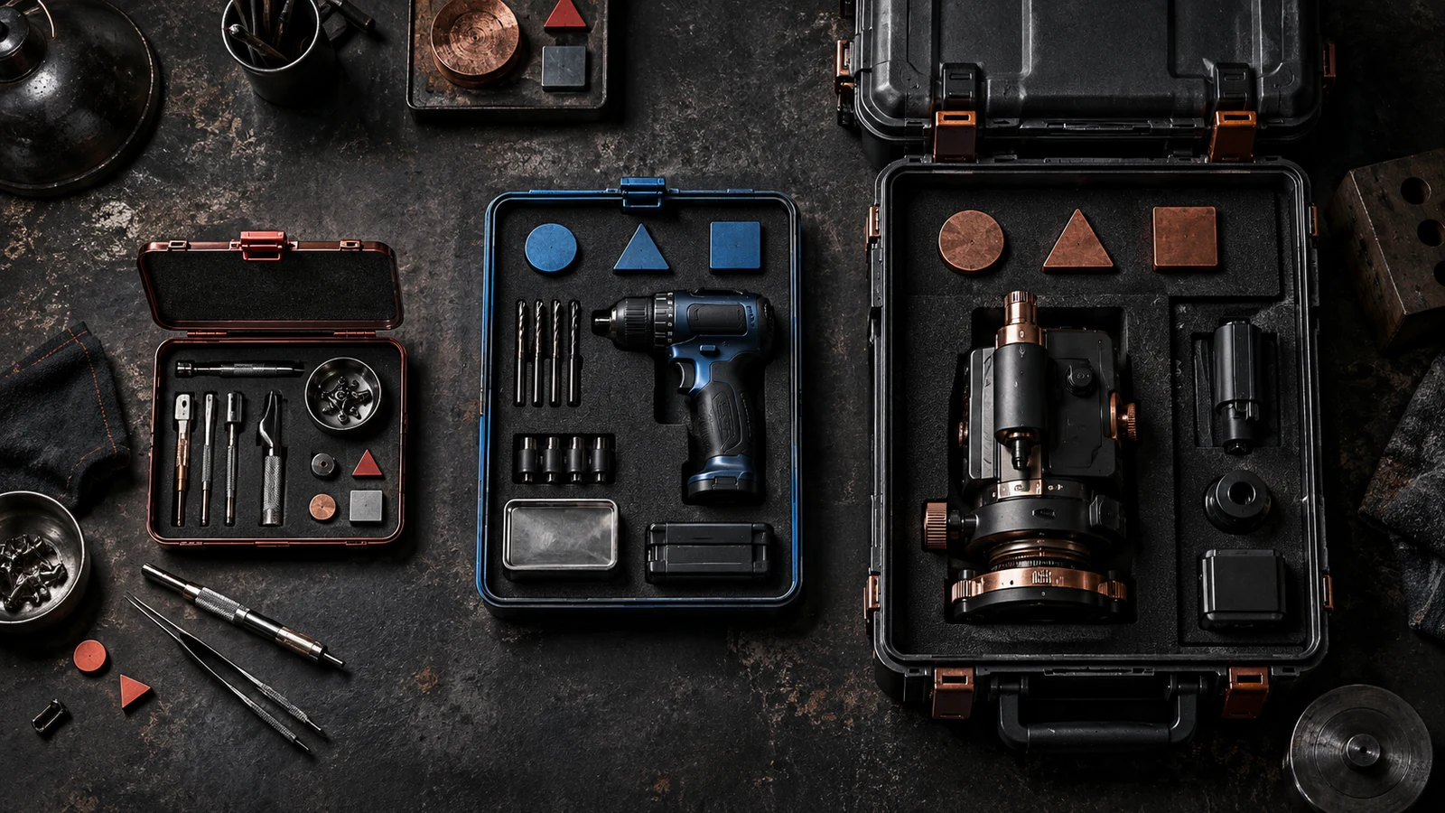 Three dark tool cases hold progressively more capable equipment beside colored task tokens on a charcoal bench