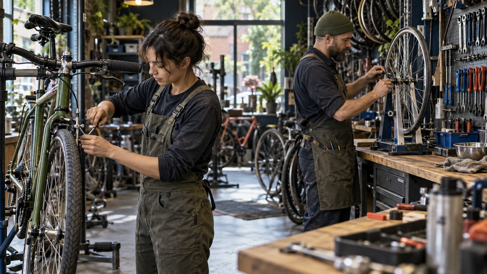 Two bicycle mechanics use a hand tool for a routine adjustment and a truing stand for complex wheel work