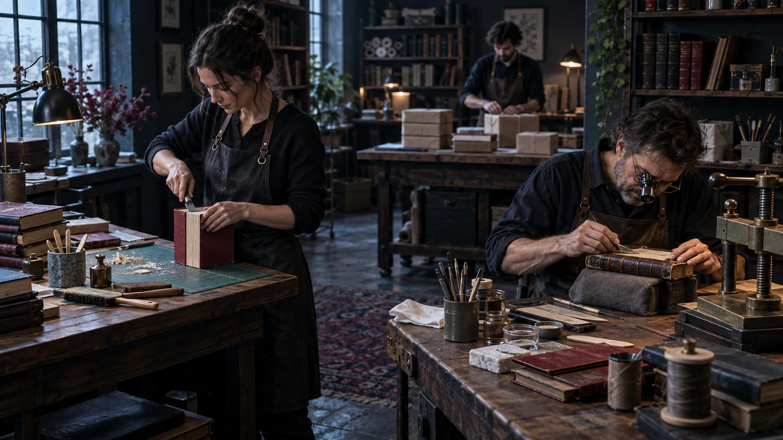 Bookbinders use compact trimming tools and specialized presses for routine work and a complex restoration