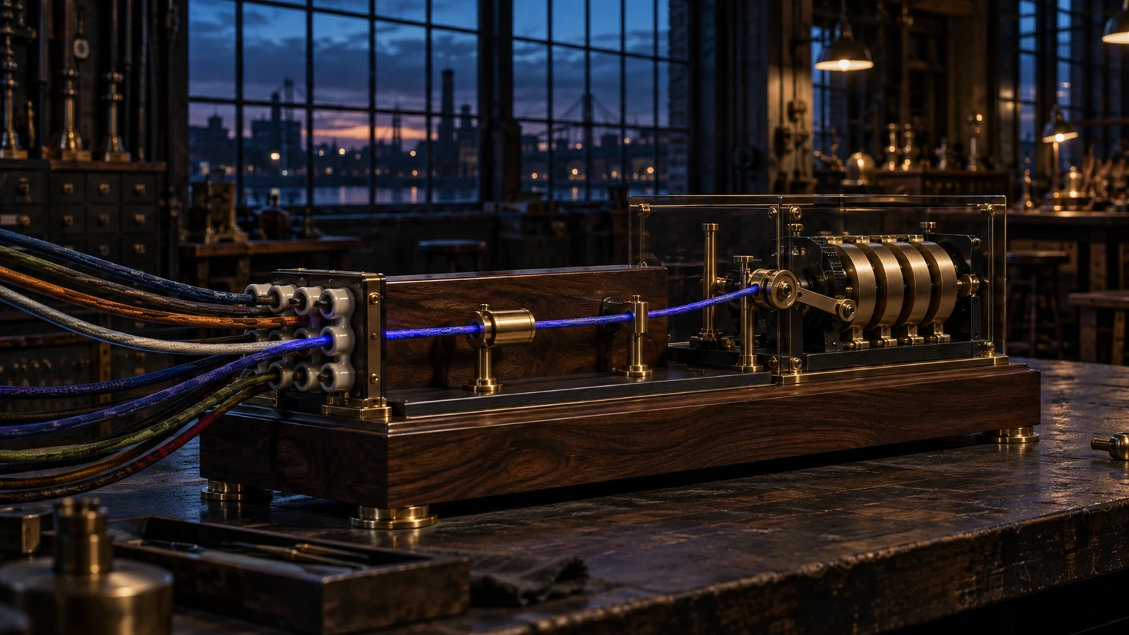 A violet cord passes through a brass identifier and powers a mechanical counter in a dark signal workshop