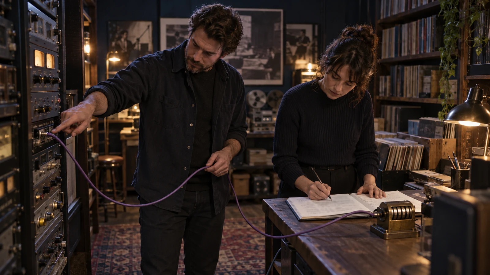 Two analysts trace a violet cable from a radio receiver to a paper session log and brass tally device
