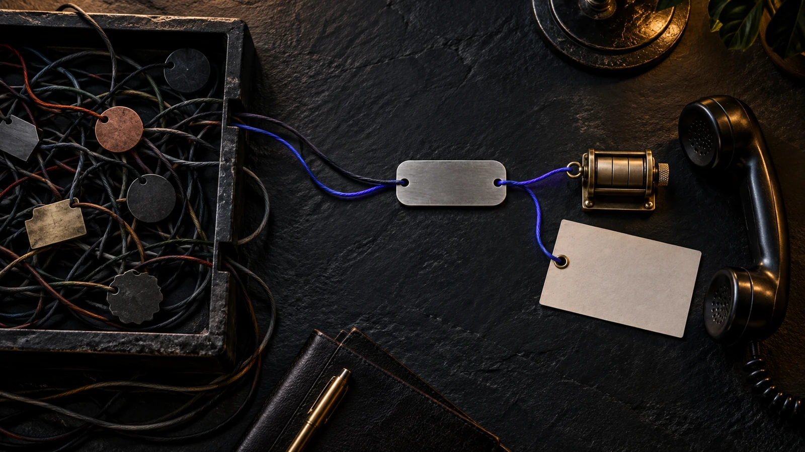 A tagged violet route leads from unknown cords to a counter, inquiry card, and telephone on a slate table