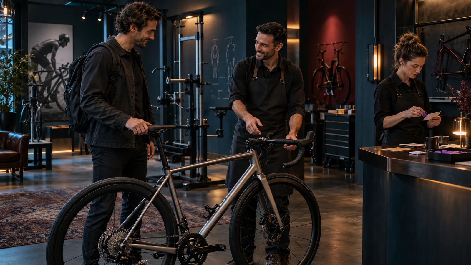 A bicycle customer and studio staff connect a violet route token and appointment card to a completed sale
