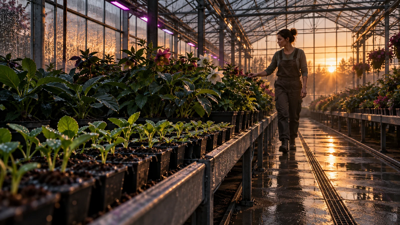 A horticulturist walks past rows progressing from seedlings to flowering plants in a sunrise greenhouse