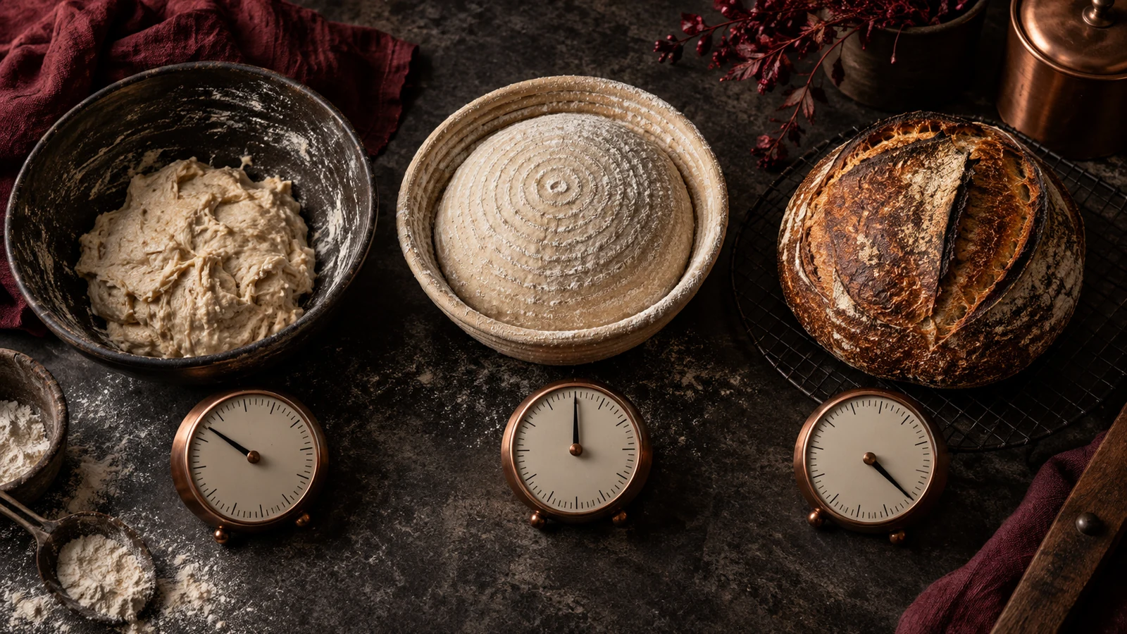 Three stages of sourdough preparation sit beside mechanical timers on a dark bakery workbench