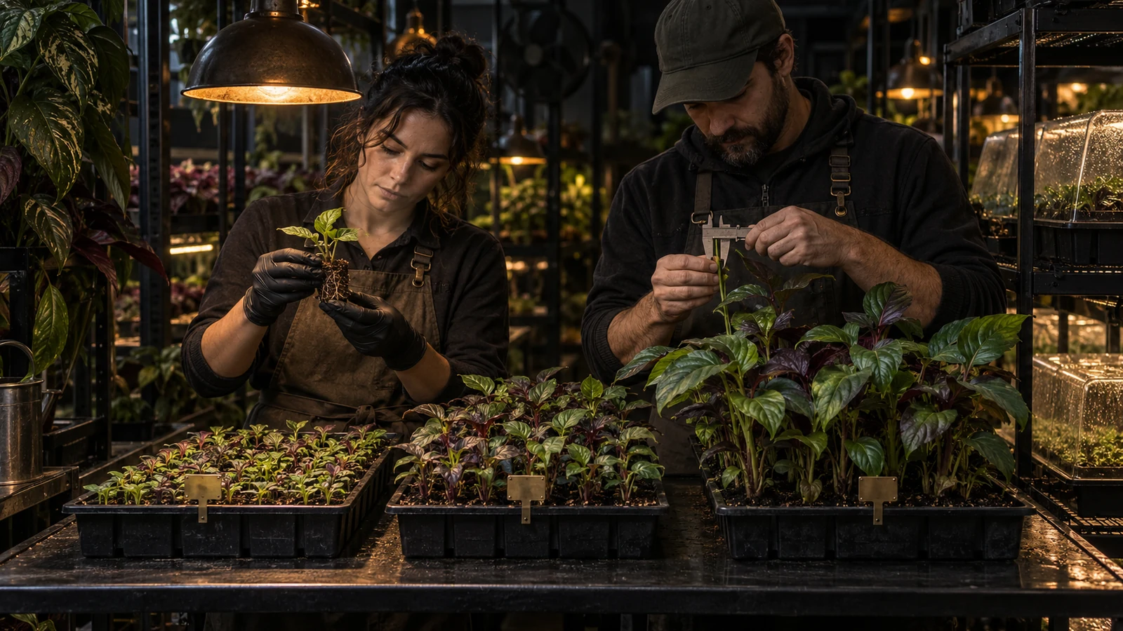Two horticulture technicians inspect plant trays at successive growth stages with calipers and a lamp