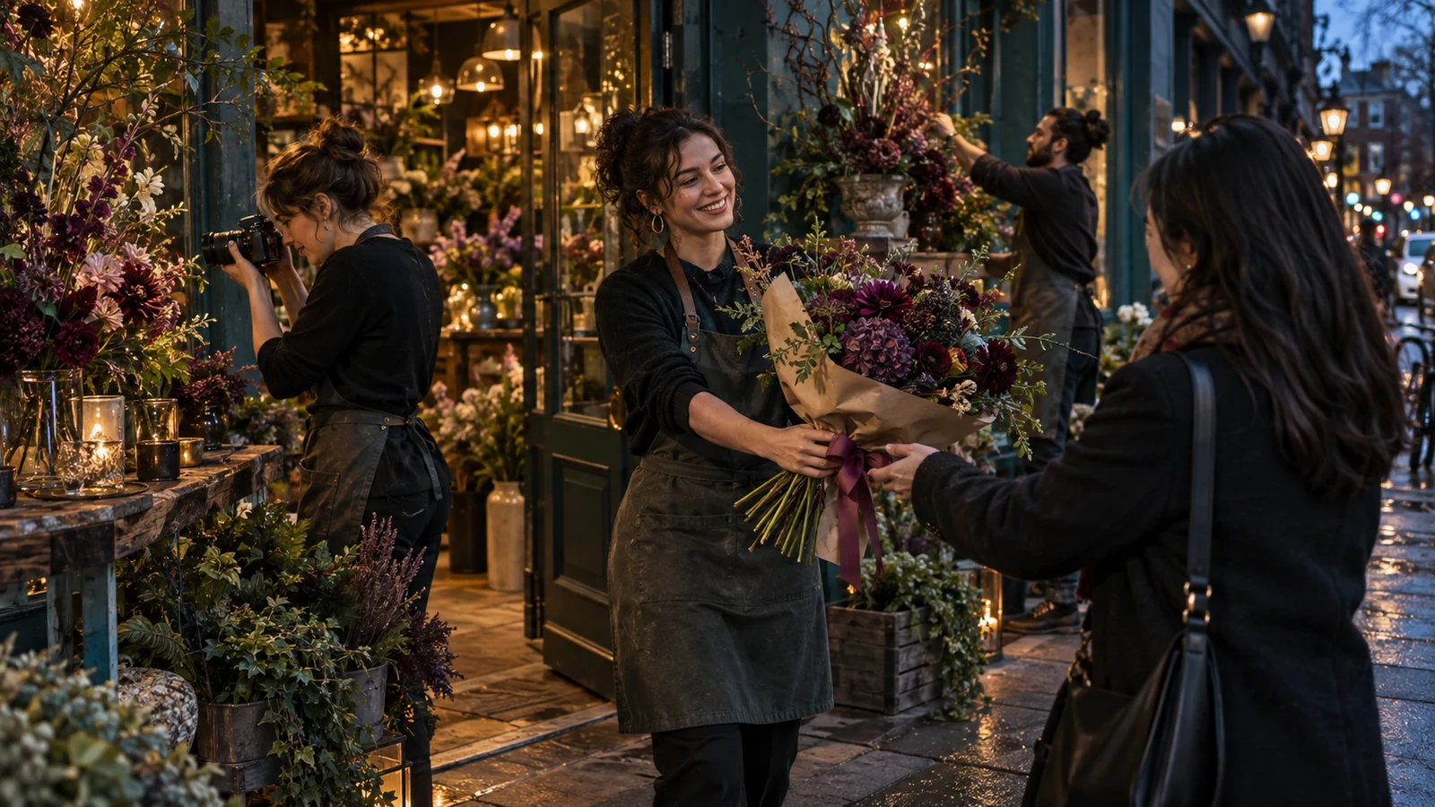 A florist hands a finished arrangement to a customer while staff photograph products and refresh the display