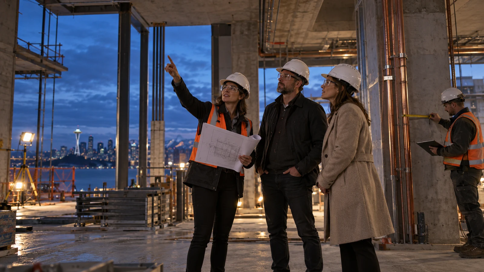 An architect points out structural details to clients while a colleague records measurements at a blue-hour renovation site