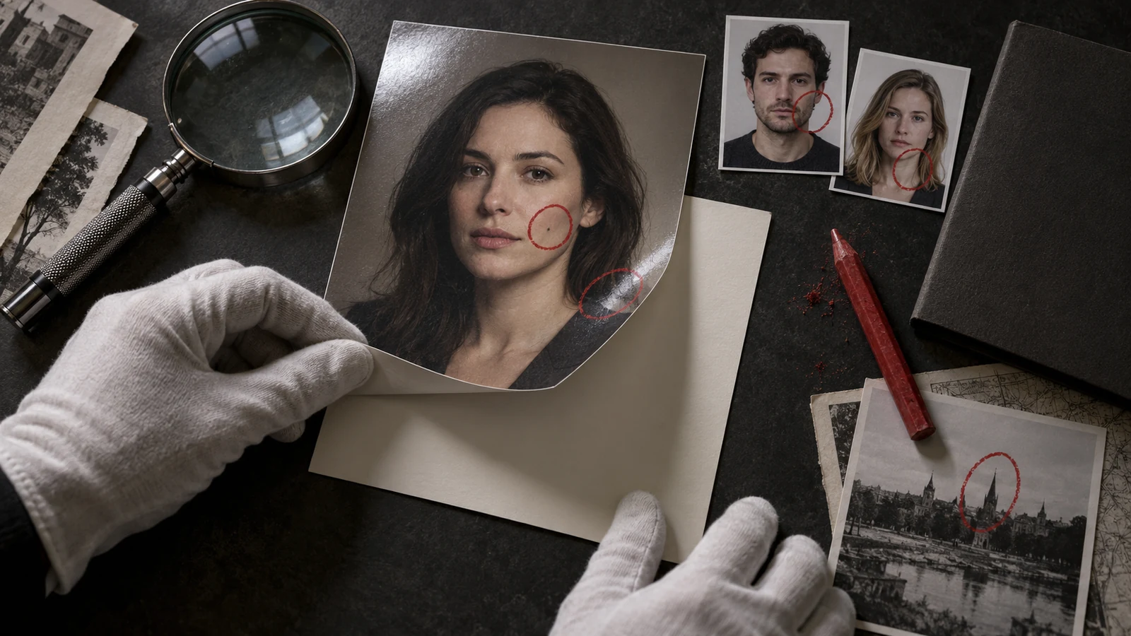 Gloved hands compare a portrait with identity photos, a magnifier, and red verification marks