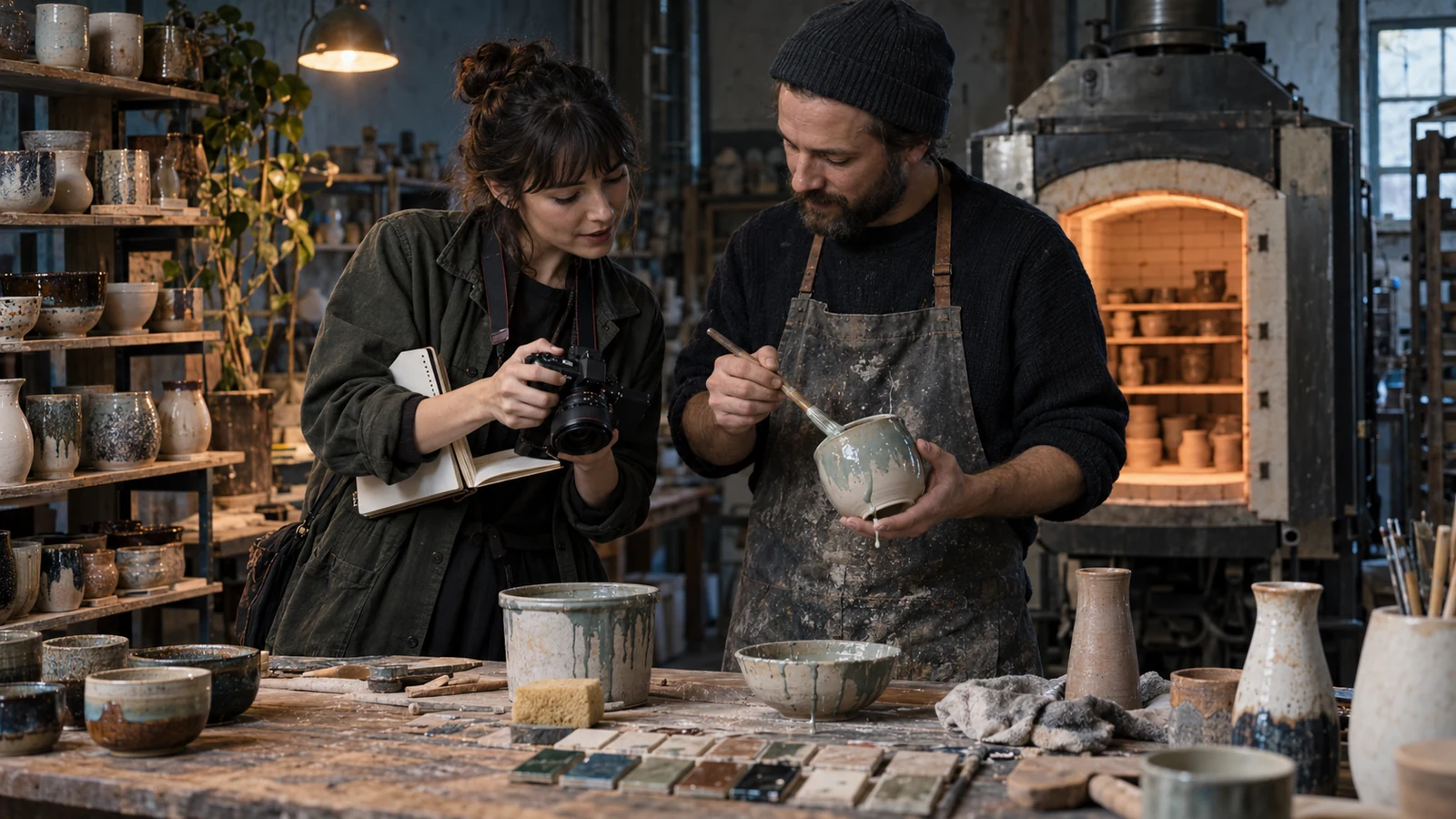An editor interviews a ceramicist who demonstrates glazing beside a kiln and finished pottery