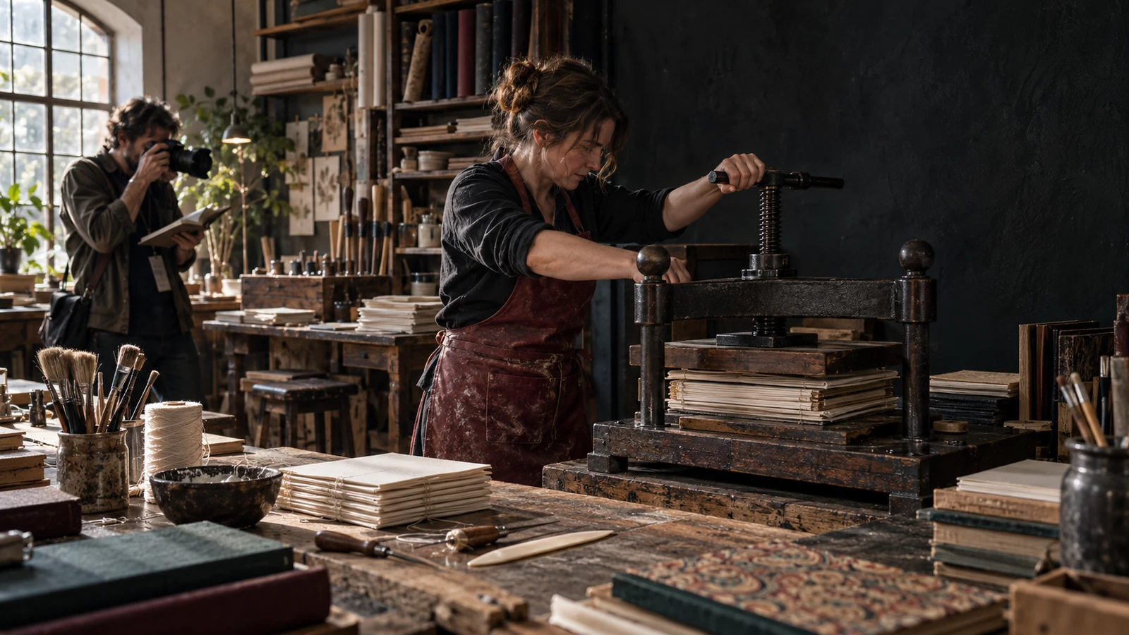 A bookbinder works a press while an editor photographs the real process in a paper-filled artisan studio