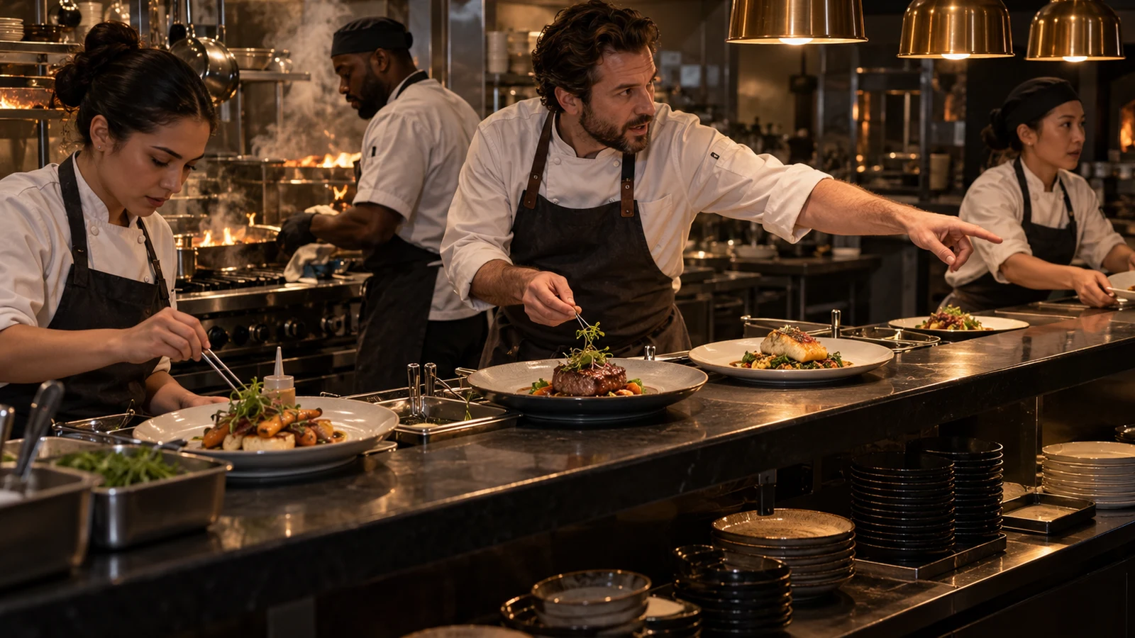 Four chefs coordinate different dishes across a dark restaurant pass during a busy dinner service
