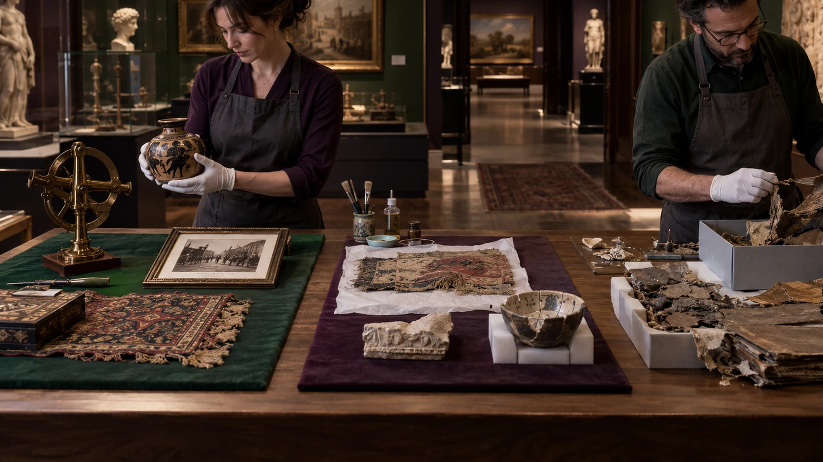 A museum archive team sorts artifacts into keep, restore, and retire zones on a conservation table