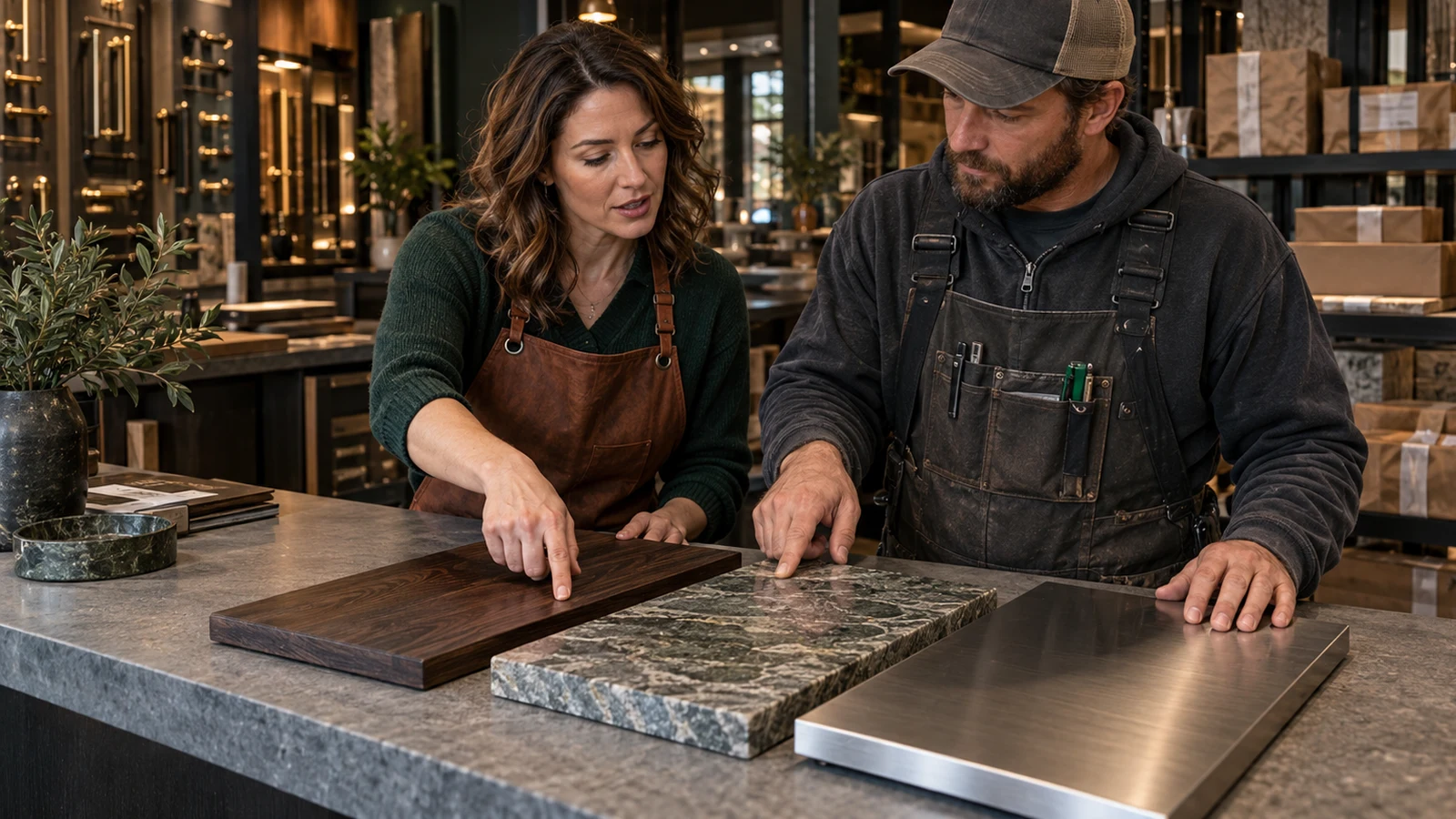 A showroom specialist and contractor compare wood, stone, and metal samples at a service counter
