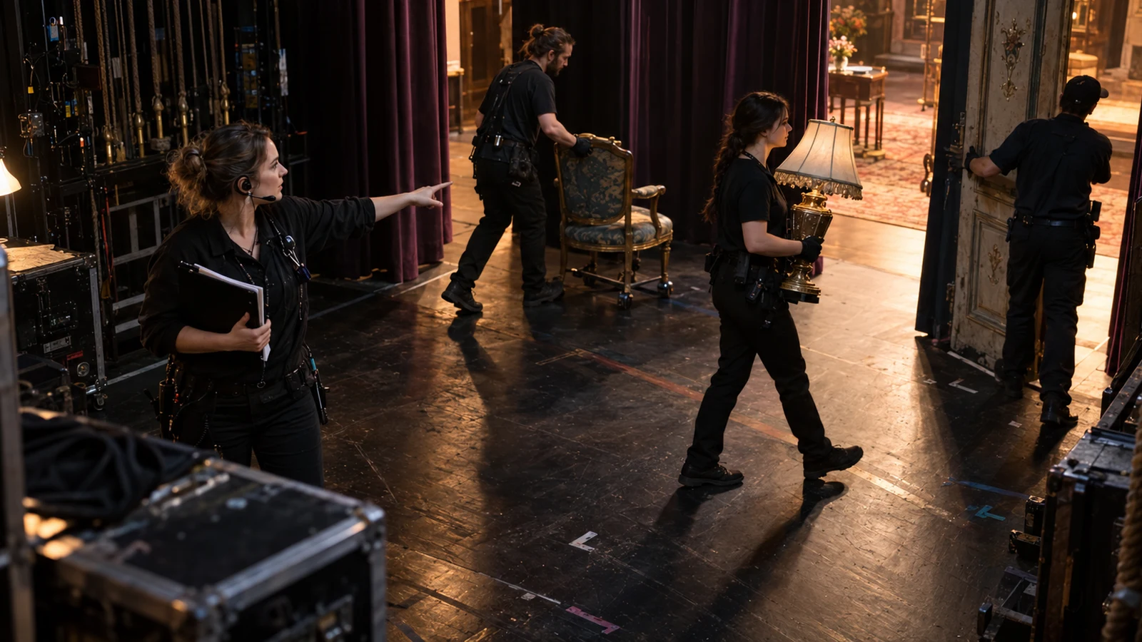 A stage manager directs three theater crew members moving distinct props through separate curtain entrances