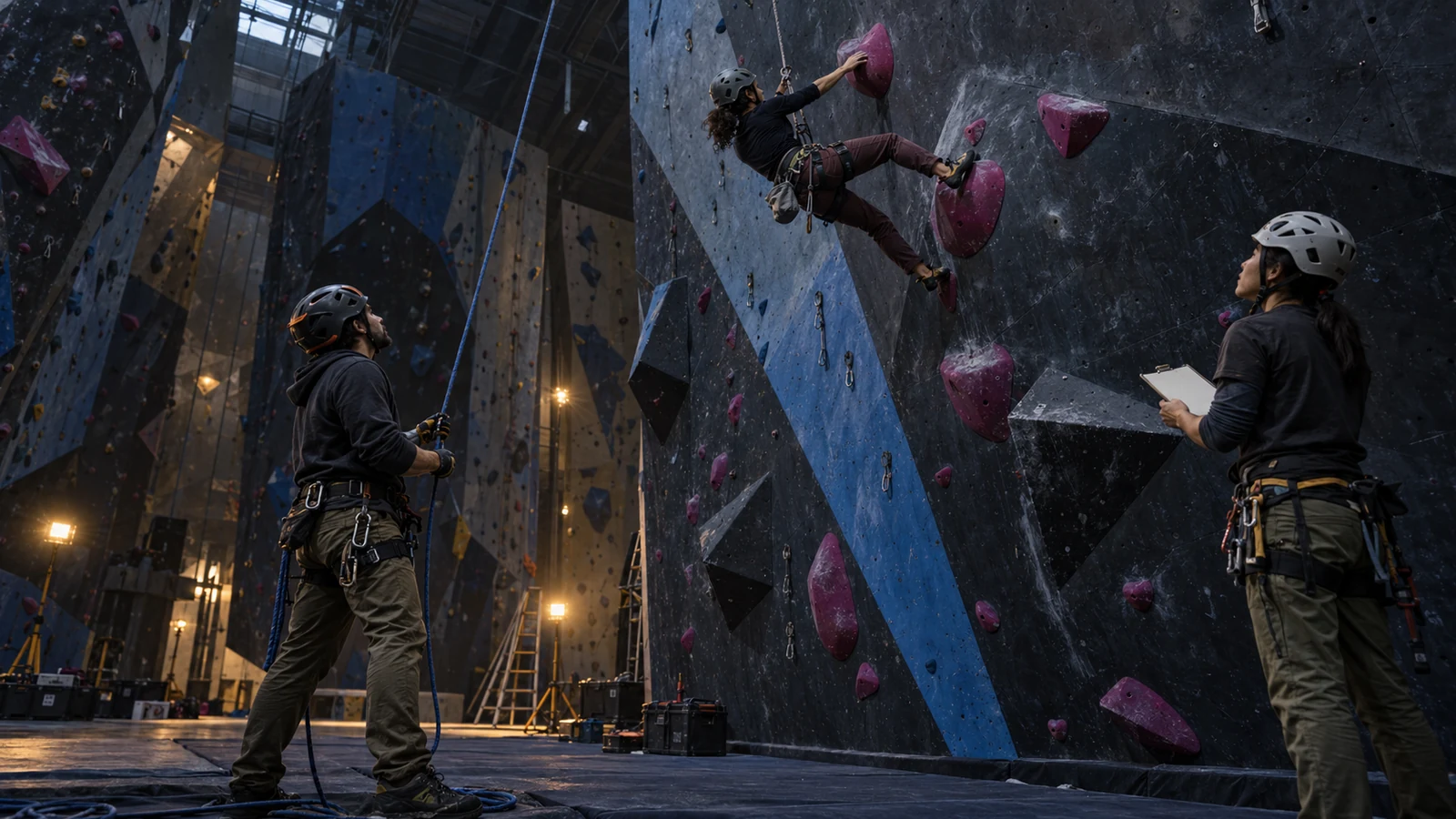 Three climbing gym route setters test holds, ropes, and route safety before opening to customers