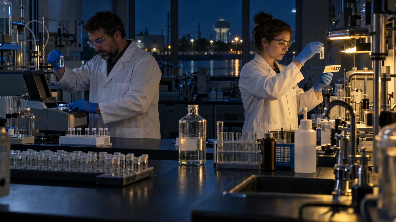 Two water laboratory analysts verify the same sample using separate instruments and a color standard
