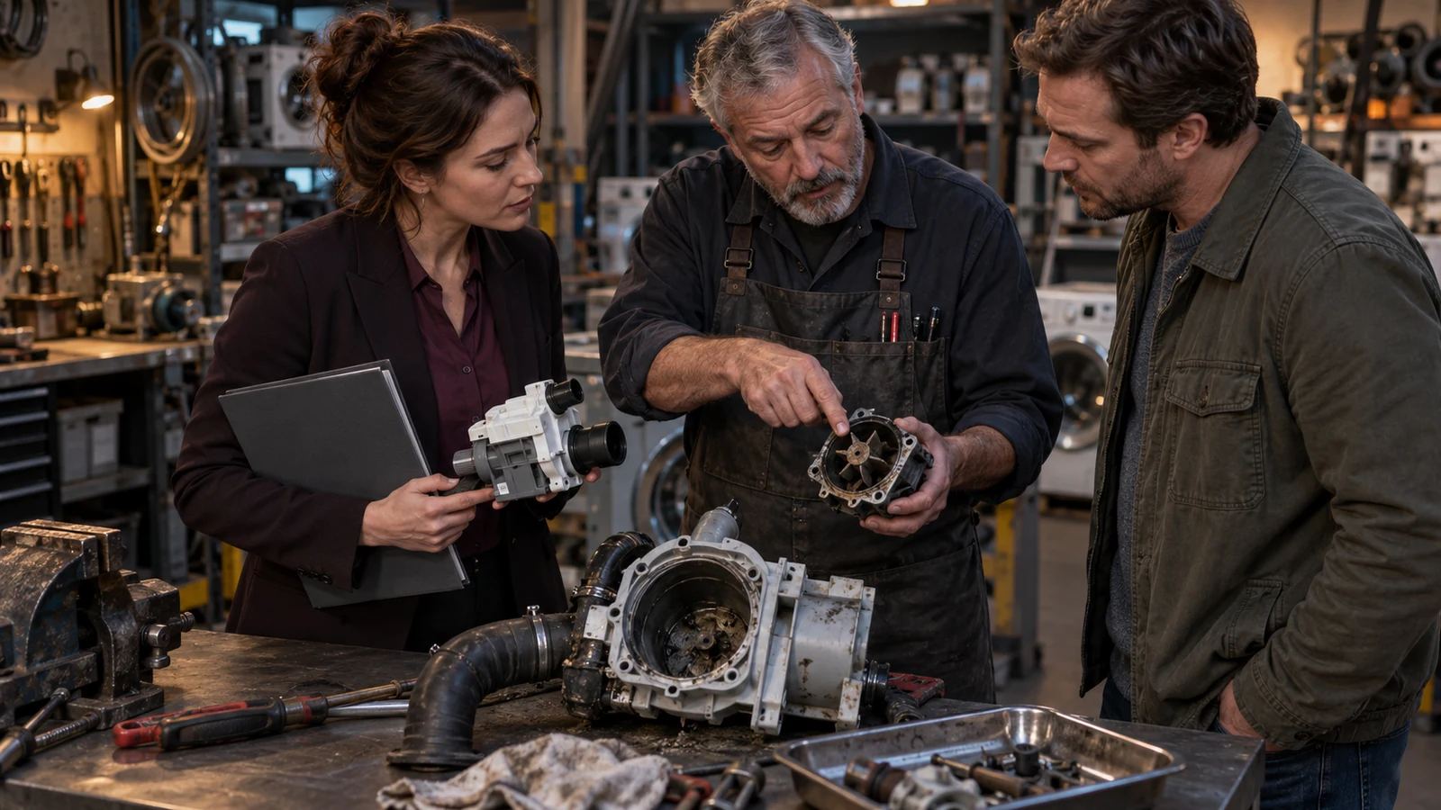 An appliance technician shows a failed pump while a manager and customer compare the replacement