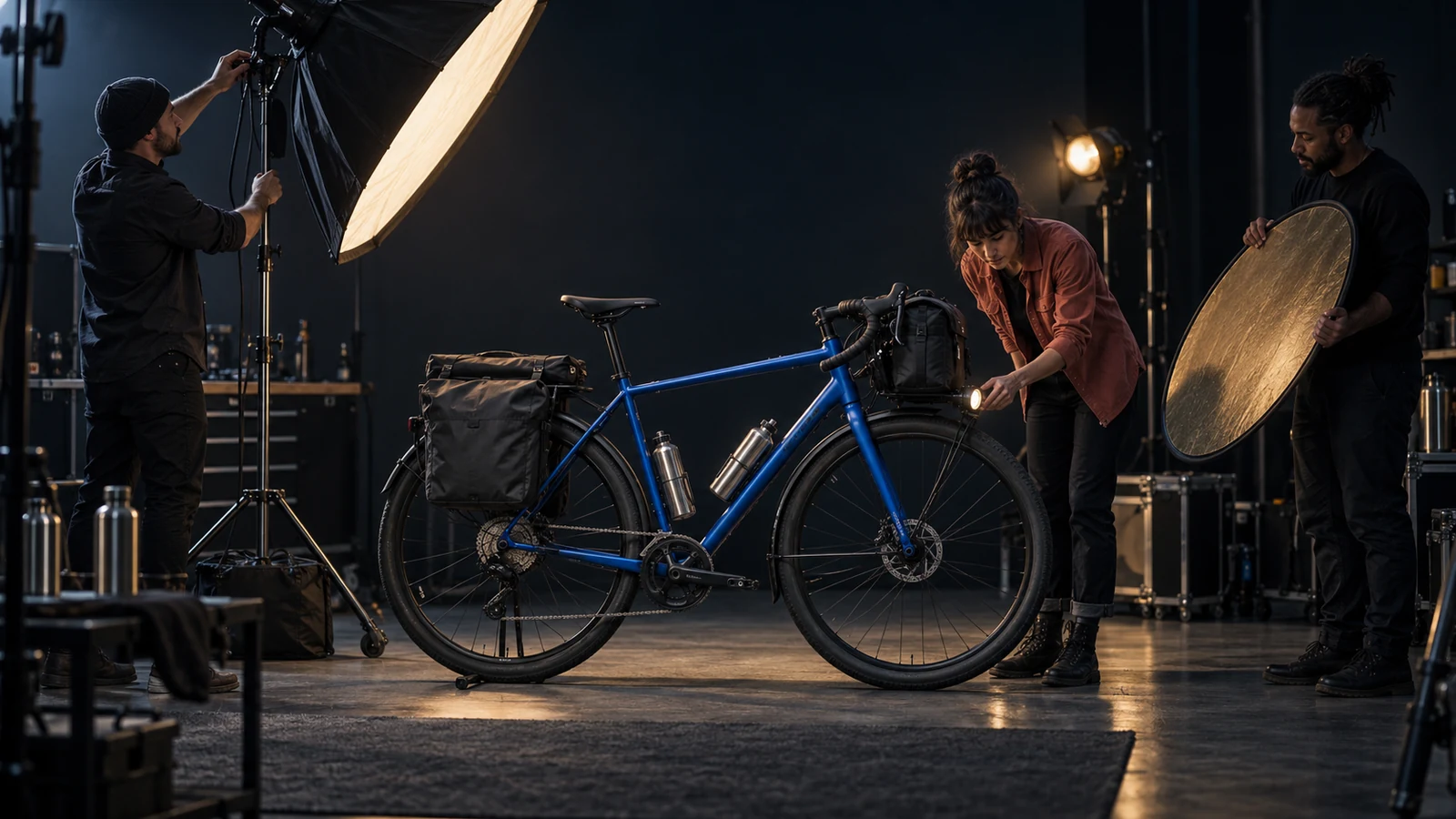 A product photography crew checks an unbranded touring bicycle and its accessories before a catalog shoot