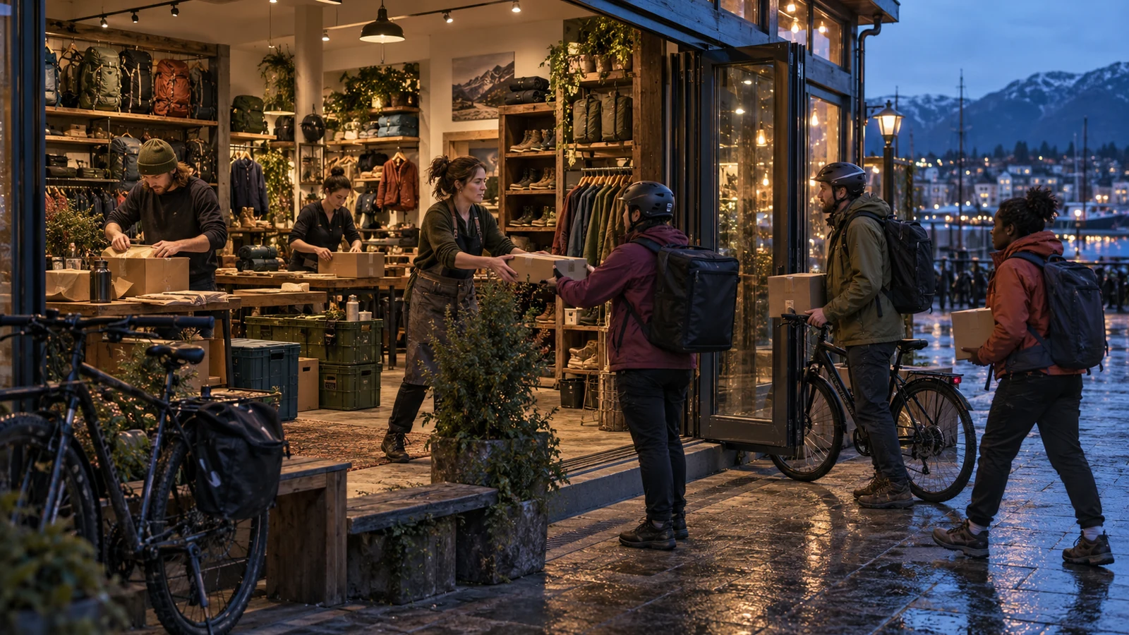An outdoor retailer coordinates staff and parcel couriers at a harbor storefront before opening