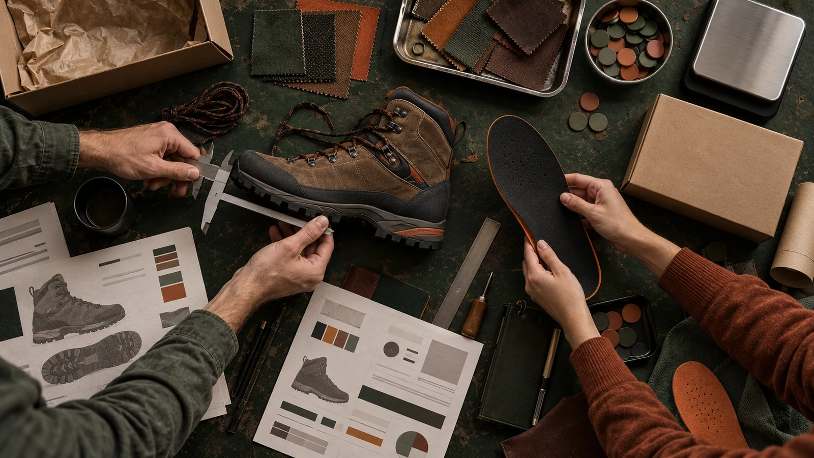 Two merchandisers compare an unbranded hiking boot with materials, measurements, packaging, and inventory records