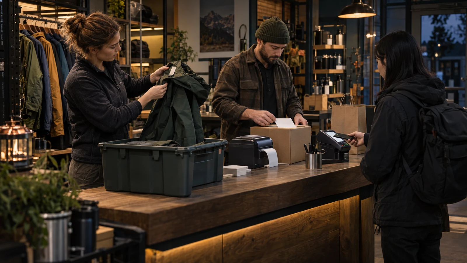 Retail staff test an unbranded jacket order, parcel workflow, payment terminal, and inventory tote after closing