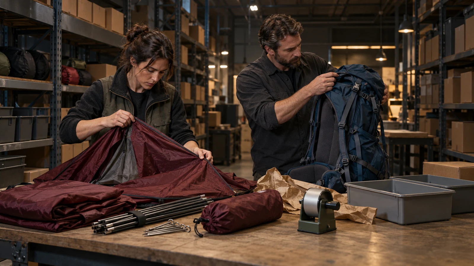 A warehouse lead and service manager inspect a returned tent, hiking pack, poles, stakes, and packing materials