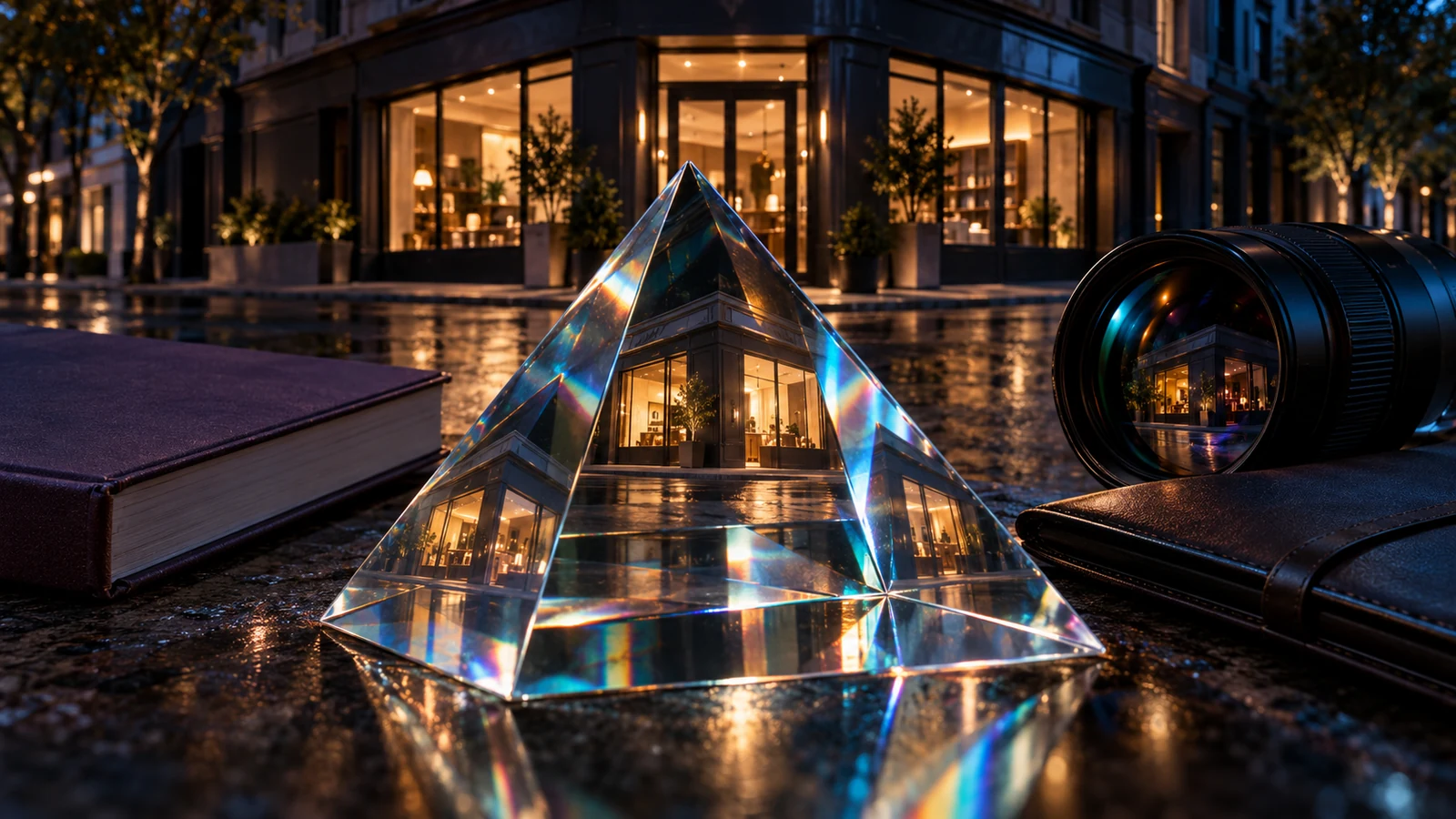 A glass prism splits one unbranded storefront into different reflections from a book, camera, and portfolio