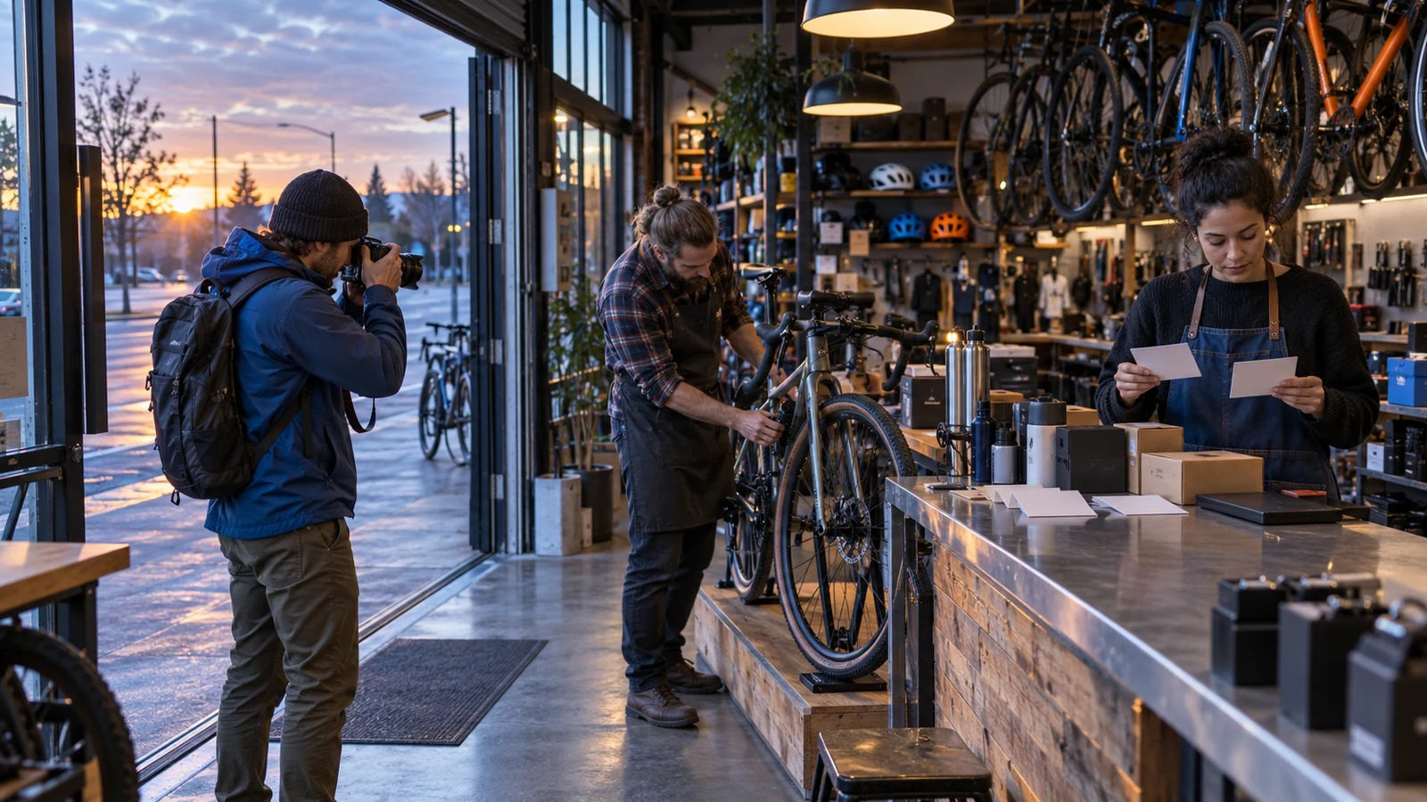 Three people audit a bicycle shop storefront, current products, and service materials before opening
