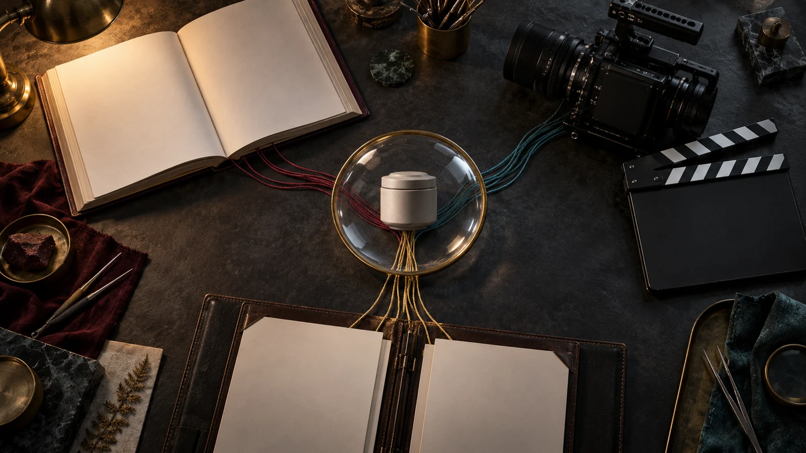 A blank reference volume, cinema camera, and portfolio converge through a lens toward one product