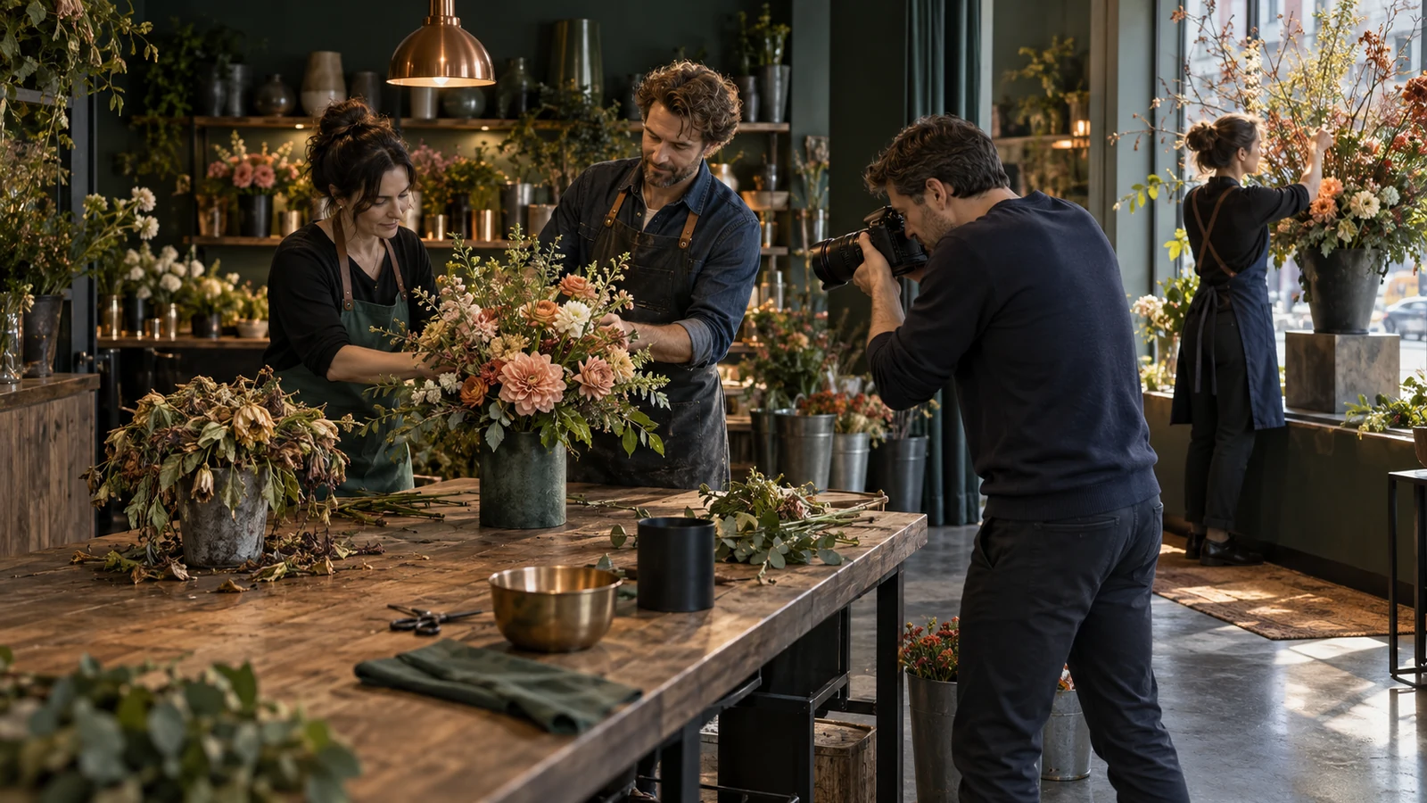 A florist team replaces a wilted arrangement with a fresh display while a photographer records the correction