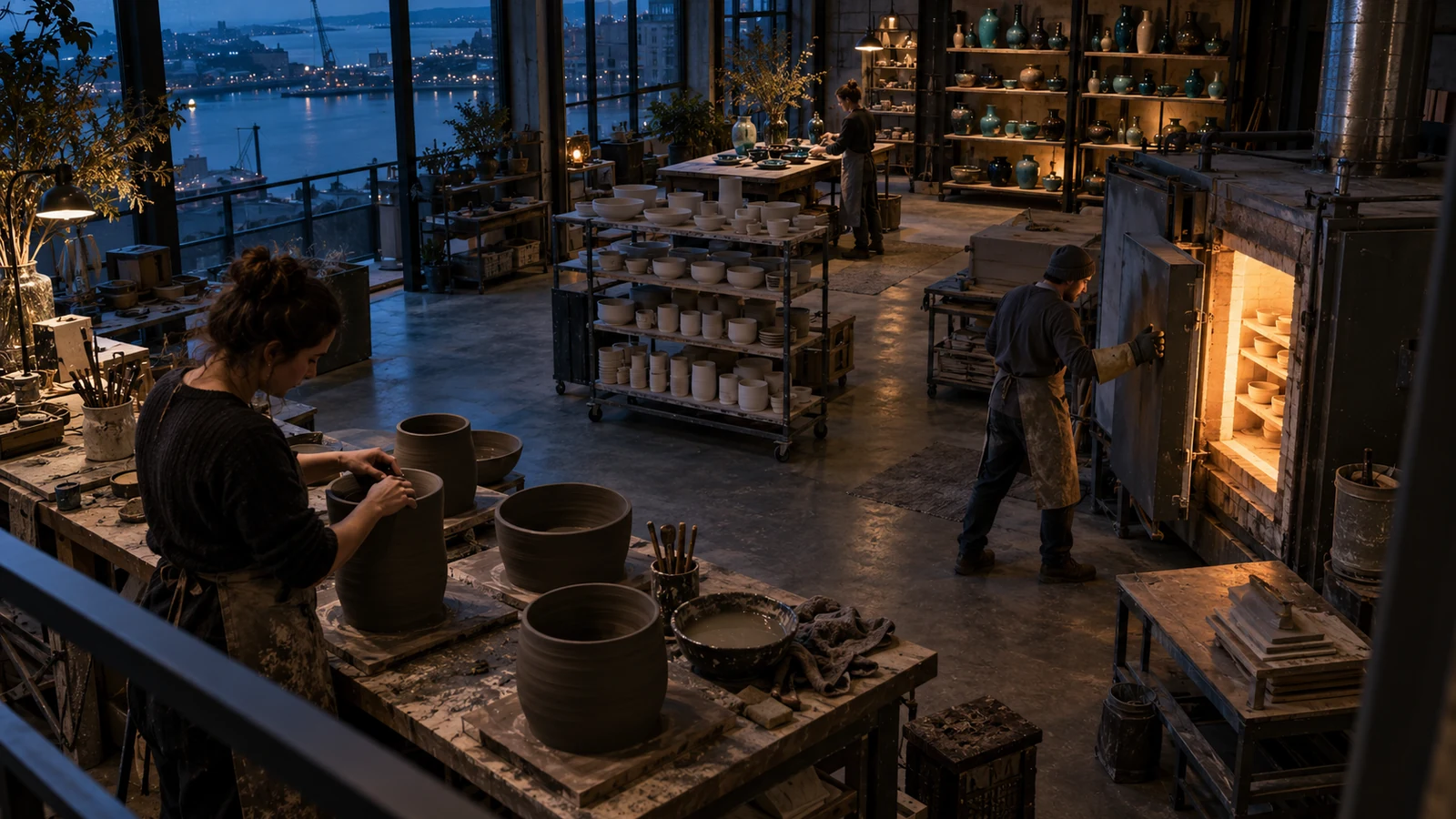 Potters move handcrafted ceramics through shaping, shelving, and a glowing kiln in a waterfront studio at dusk.